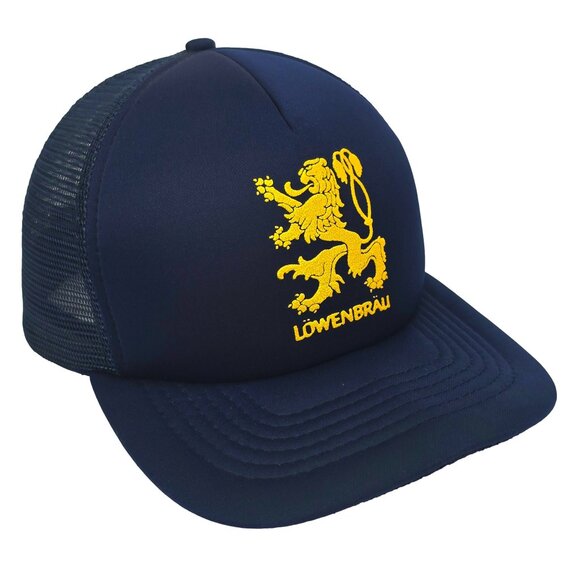 Vintage Lowenbrau Beer Hat Trucker Mesh Snapback Cap Blue Gold Lion Logo Brewery - Picture 3 of 6